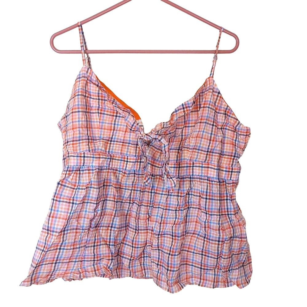 LOFT Size Extra Large Orange Pink Blue Plaid Blouse Top Bow Cottage Core Summer